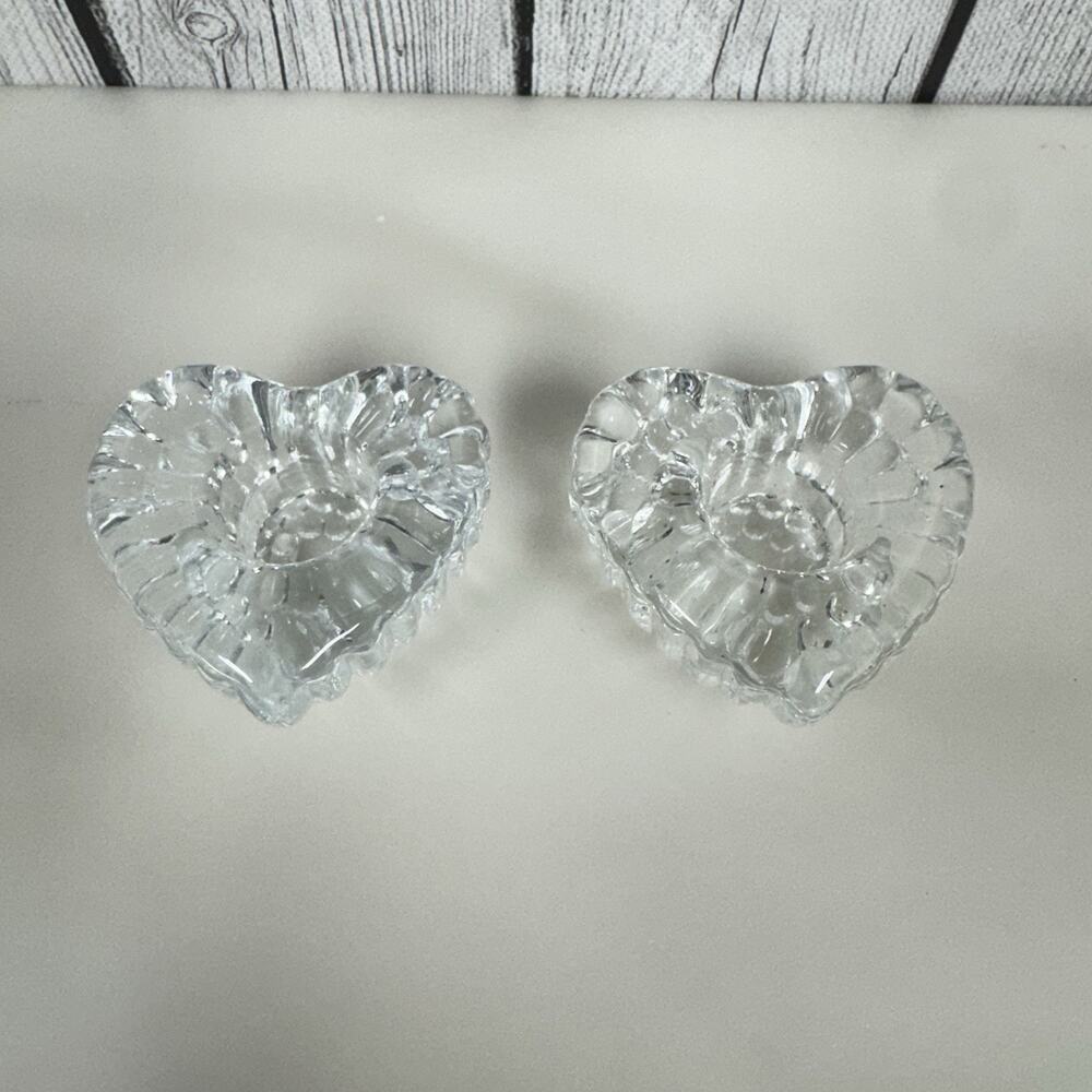 Pair of Heart Shaped Clear Glass Fluted Candle Stick Holders Vintage